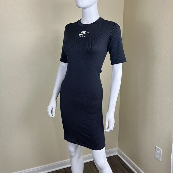 NIKE Women's Size S Black Air Ribbed Mini Dress Embroidered Logo Sporty Bodycon - Picture 8 of 16